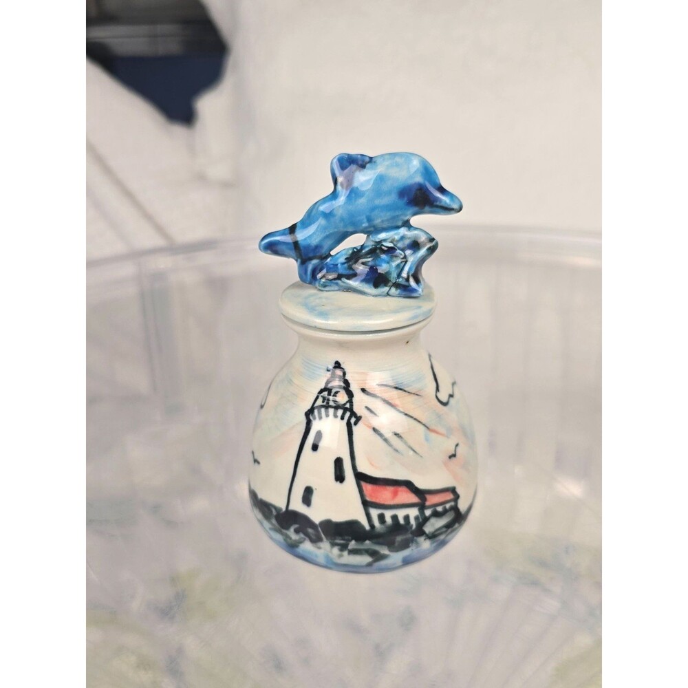 Studio Pottery Dolphins and Lighthouse Lidded Jar Signed 5" Coastal Decor